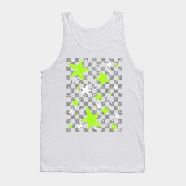 Gray and Green Stars Checkerboard Tank Top by Jan Grackle